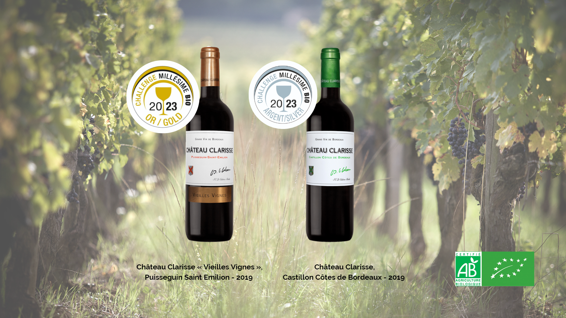 Notre Castillon 2019 et Vieilles Vignes 2019 médaillés au Challenge Millésime BIO 2023