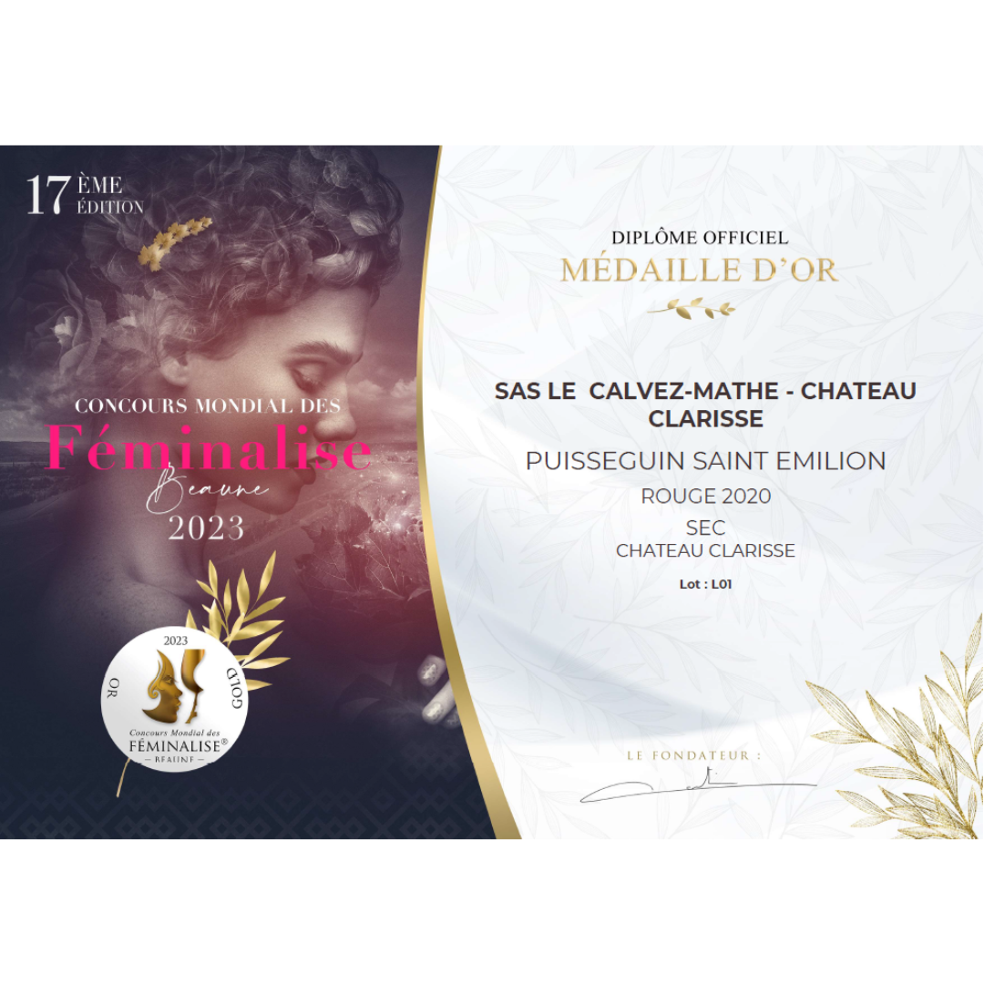 Château Clarisse, Puisseguin Saint Emilion 2020 : Médaille d’Or au Féminalise 2023 !